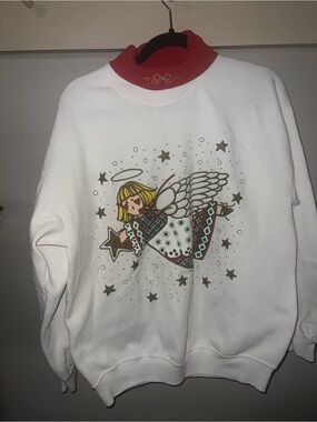 White Angel Graphic Crewneck Sweatshirt with Red Mock Neck Accent